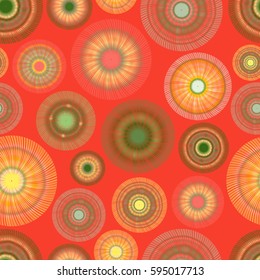 Bright funny seamless pattern with colorful circles on orange background. 