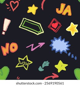 Bright, funny seamless pattern with elements: stars, harts arrows and exclamation mark. Hand draw, doodle with texture, vector, isolated. Words in English: “Yes”, “no”, “wow”, and “ yes” in German.