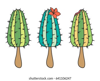 A bright funny set with a picture of ice cream cactus. Ice cream on a stick of different colors. Exotic summer vector illustration.