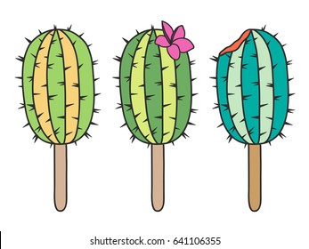 A bright funny set with a picture of ice cream cactus. Ice cream on a stick of different colors. Exotic summer vector illustration.