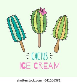 A bright funny set with a picture of ice cream cactus. Ice cream on a stick of different shapes and colors. Exotic summer vector illustration.