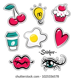 Bright funny stickers in the form of lips, eyes, cake and other objects