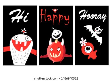 Bright funny vector banners with monsters for Halloween. Halloween holiday banner design.