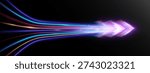 Bright futuristic arrow composed of multicolored light trails streaming forward, symbolizing speed, direction, innovation and rapid digital transformation.