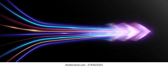 Bright futuristic arrow composed of multicolored light trails streaming forward, symbolizing speed, direction, innovation and rapid digital transformation.