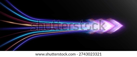 Bright futuristic arrow composed of multicolored light trails streaming forward, symbolizing speed, direction, innovation and rapid digital transformation.