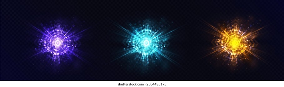 Bright futuristic blue yellow purple glow flashes with glare effects and glow explosions. Bright set of abstract light effects PNG. Vector graphics for web design