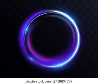 Anillo de luz circular futurista brillante con brillo azul y violeta sobre fondo transparente oscuro.