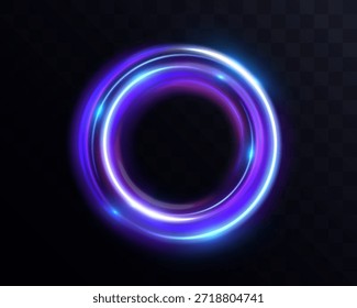 Anillo de luz circular futurista brillante con brillo azul y violeta sobre fondo transparente oscuro.
