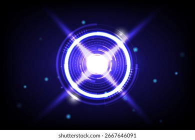 Interface digital futurista brilhante com anéis azuis brilhantes, efeitos de luz abstratos e design de tecnologia virtual em fundo escuro, ilustração vetorial