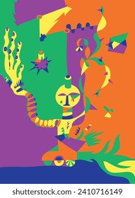 Ilustración futurista brillante en el estilo de diseño vectorial plano. Ilustración con robots, dibujos florales y formas abstractas. Imagen geométrica plana del concepto de inteligencia artificial. Diseño humano.