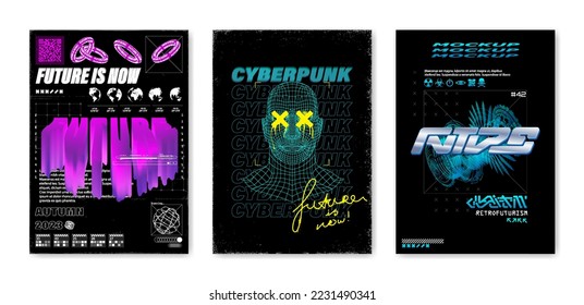 Bright futuristic posters, trendy graphic template with glitch, 3d, liquid effects for t-shirt, streetwear, merch, typography. Techno, vaporwave, acid concept. 3D Retro futuristic posters template set