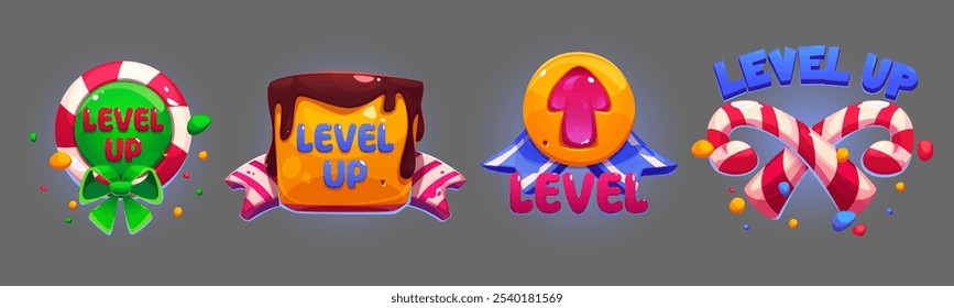 Bright game level up banners with candy design elements. Different cartoon sweet dessert badges - lollipop with green ribbon, chocolate covered cake, jelly rising arrow and crossed striped canes.