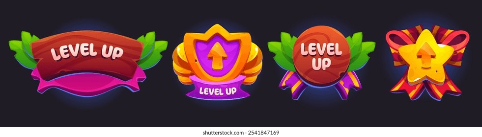 Bright game ui badges with Level Up text on colorful ribbons. Cartoon vector wooden banner, shield emblem, circular badge and star shape for winner. Vibrant design element for mobile gaming interface.