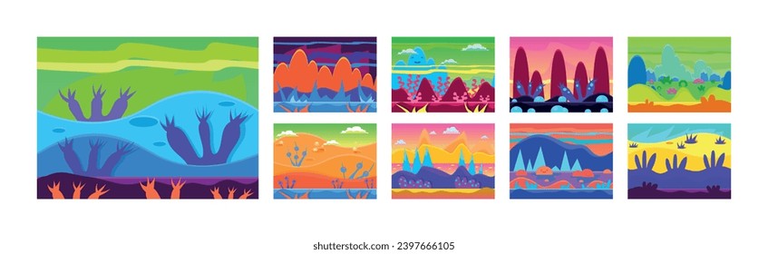 Bright Gaming Background with Abstract Nature Environment Vector Set