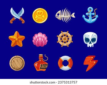 Bright gaming icons on a marine theme. A set for a computer mobile game. Symbols for a casual game in the style of pirates, sea voyages and adventures