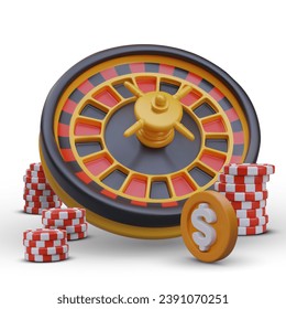 Bright gaming roulette, stacks of poker chips, lucky coin. Creative composition for website, gambling application. Casino entertainment. Color web design