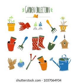 Bright garden collection of Tools, work clothes, seedlings, flowers,  etc. Hand drawn vector illustration.Isolated on the background.