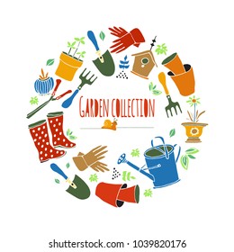 Bright garden collection of Tools, work clothes, seedlings, flowers,  etc. Hand drawn vector illustration.Isolated on the background.