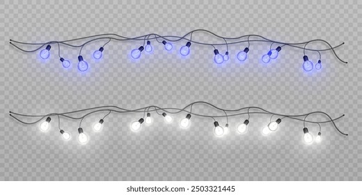Bright garlands with colorful glow. Christmas lights for holiday illustrations. Garlands of yellow lights glow on transparent background PNG. Holiday chain of lights.