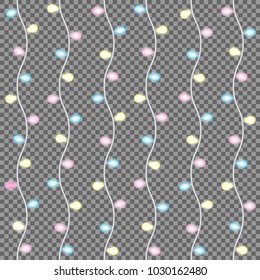 Bright garlands with glowing lights isolated on transparent background. Seamless vector design element for Holiday cards, valentine's day, Christmas, New Year, birthday, party. Template or mockup