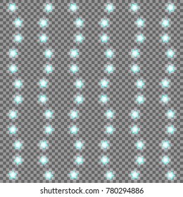 Bright garlands with glowing star lights isolated on transparent background. Vector design element for Holiday cards, valentine's day, Christmas, New Year, birthday, party, banners. Template or mockup