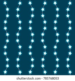 Bright garlands with glowing star lights isolated on turquoise background. Seamless vector design element for Holiday cards, valentine's day, Christmas, New Year, birthday, party. Template or mock up