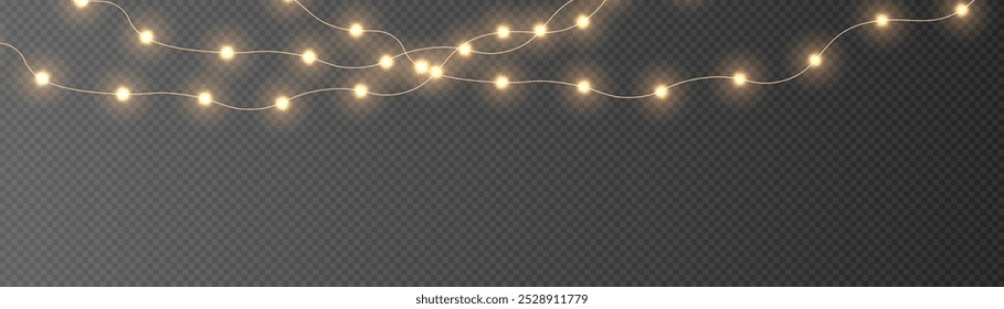 Guirnaldas brillantes con brillo dorado. Navidades de luces para ilustraciones de vacaciones. Guirnaldas de oro de Navidades festivas, polvo, brillo y estrella. Elemento decorativo para tarjetas de felicitación