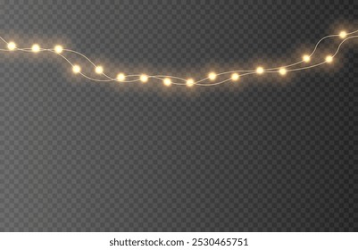 Bright garlands with golden glitter. Christmas lights for holiday illustrations. Festive Christmas gold garlands, dust, glitter and star. Decorative element for greeting cards