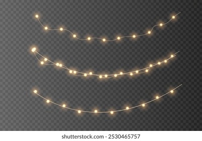 Bright garlands with golden glitter. Christmas lights for holiday illustrations. Festive Christmas gold garlands, dust, glitter and star. Decorative element for greeting cards