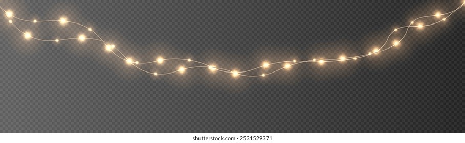 Bright garlands with golden glitter. Christmas lights for holiday illustrations. Festive Christmas gold garlands, dust, glitter and star. Decorative element for greeting cards