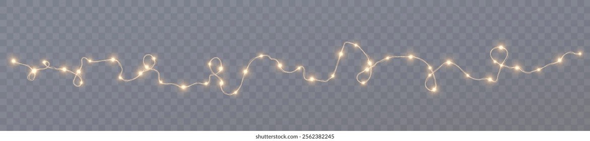 Bright garlands with a golden glow. For advertising invitations, web banners, postcards. Vector. Holidays decoration. Festive Christmas light gold garlands. LED lamp. Yellow lights on a illustration.