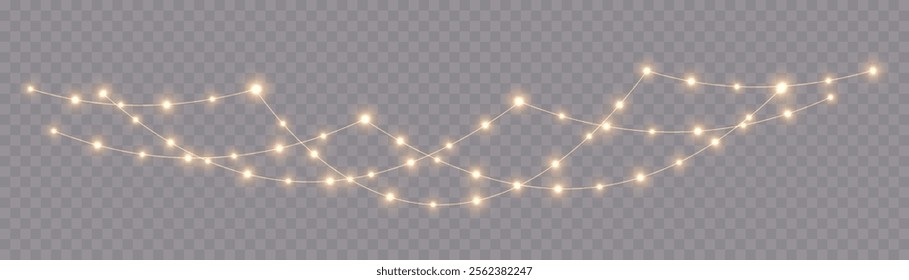 Bright garlands with a golden glow. For advertising invitations, web banners, postcards. Vector. Holidays decoration. Festive Christmas light gold garlands. LED lamp. Yellow lights on a illustration.