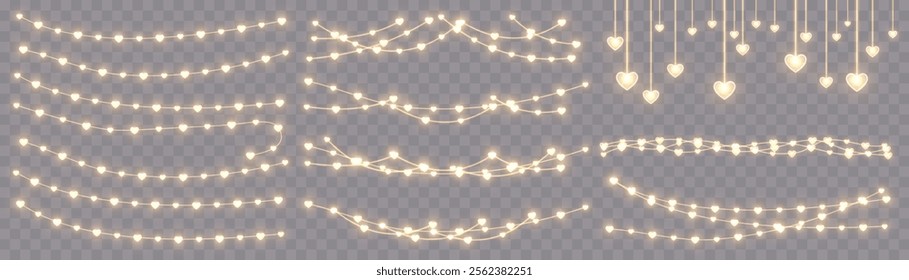 Bright garlands with a golden glow. For advertising invitations, web banners, postcards. Vector. Holidays decoration. Festive Christmas light gold garlands. LED lamp. Yellow lights on a illustration.