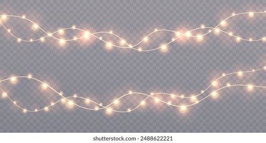  Bright garlands with a golden glow. Christmas lights for holiday illustrations. Garlands of yellow lights glow on a transparent background. Festive chain of lights.