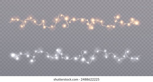  Bright garlands with a golden glow. Christmas lights for holiday illustrations. Garlands of yellow lights glow on a transparent background. Festive chain of lights.