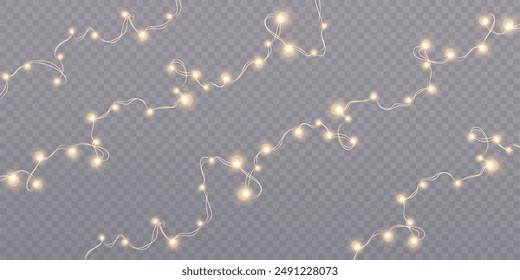 Bright garlands with a golden glow. Christmas lights for holiday illustrations. Garlands of yellow lights glow on a transparent background. Festive chain of lights.