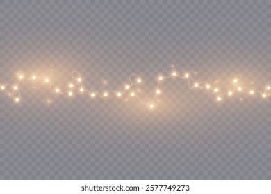 Bright garlands with a golden glow. Christmas lights for holiday illustrations. Garlands of yellow lights glow on a transparent background. Festive chain of lights.