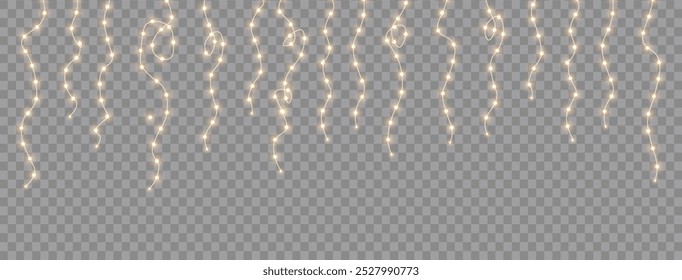 
Bright garlands with golden shine. Christmas lights for holiday illustrations. Yellow garlands glow sparkle with light effect