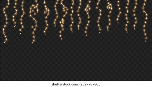 
Bright garlands with golden shine. Christmas lights for holiday illustrations. Yellow garlands glow sparkle with light effect