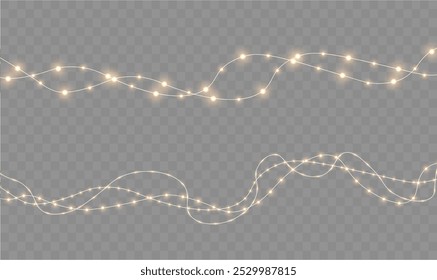 
Bright garlands with golden shine. Christmas lights for holiday illustrations. Yellow garlands glow sparkle with light effect