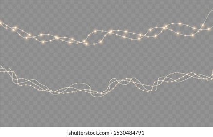 
Guirnaldas brillantes con brillo dorado. Navidades de luces para ilustraciones de vacaciones. Guirnaldas amarillas brillan con efecto de luz