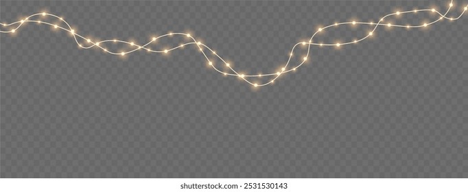 
Bright garlands with golden shine. Christmas lights for holiday illustrations. Yellow garlands glow sparkle with light effect