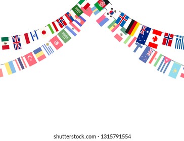 Bright garlands with true proportions flags of world sovereign states on white, concept background