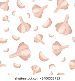 Bright garlic head, garlic cloves. Seamless pattern with root vegetables. Ecological, organic products. Healthy eating. Design elements for packaging, banners, backgrounds, paper, textiles, fabrics