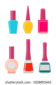 Bright gel nail polishes in bottles with blank labels set isolated cartoon vector illustrations on white background. Beauty means in glass containers.
