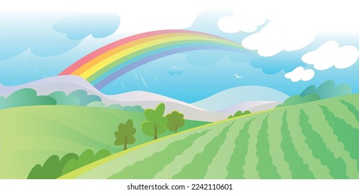 Helle sanfte Landschaft eines Tales mit Hügeln und Bäumen, Wetter nach Regen mit einem Regenbogen. Vektorgrafik