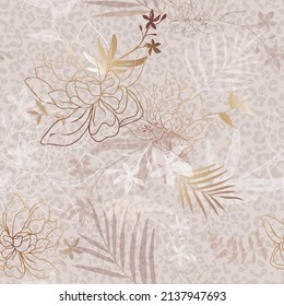 Bright gentle romantic vector background. Animal skin, white, gold flowers and leaves