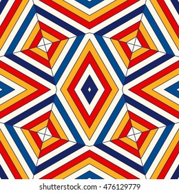 Bright geometric abstract background. Seamless pattern with kaleidoscope ornament. Ornamental vivid wallpaper. Vector illustration