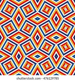 Bright geometric abstract background. Seamless pattern with kaleidoscope ornament. Ornamental vivid wallpaper. Vector illustration